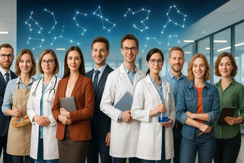 Zodiakalne znaki jako profesjonaliści w różnych zawodach na tle delikatnych konstelacji zodiaku