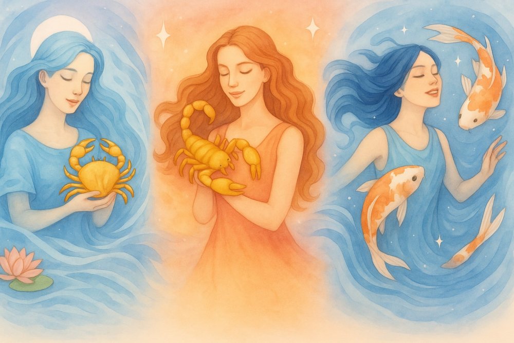 Symboliczna ilustracja znaków wodnych: Rak, Skorpion i Ryby w otoczeniu oceanu, emocji i duchowej energii"