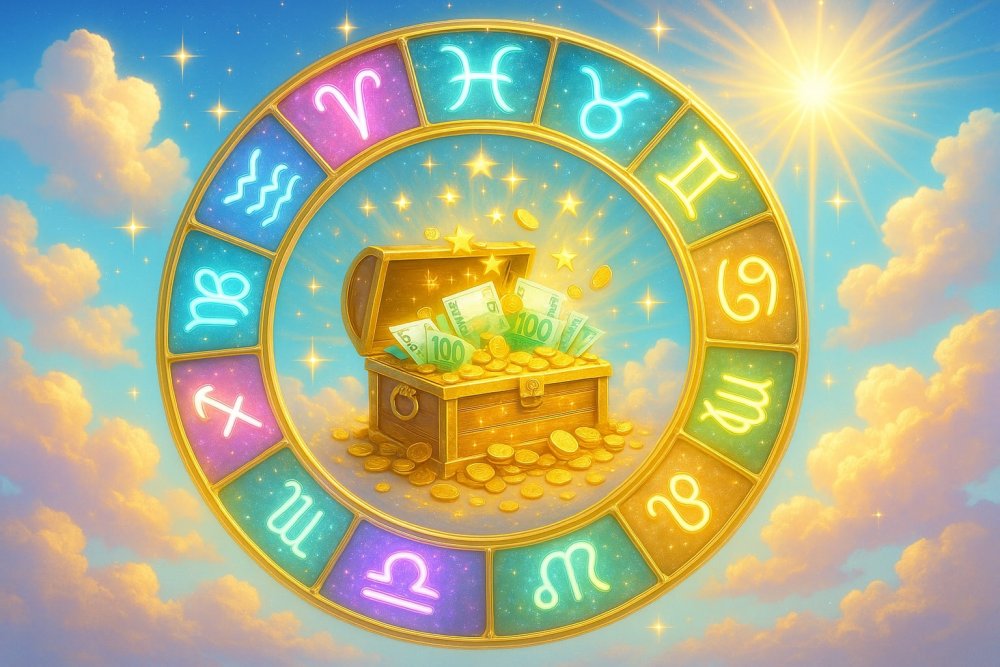 Kolorowe koło zodiaku z symbolami znaków unoszące się nad skrzynią pełną pieniędzy — ilustracja do artykułu o znakach zodiaku, które zostają milionerami